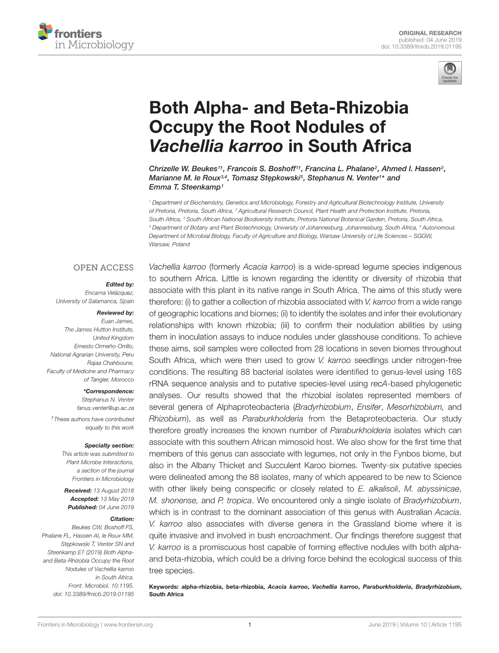 And Beta-Rhizobia Occupy the Root Nodules of Vachellia Karroo in South Africa