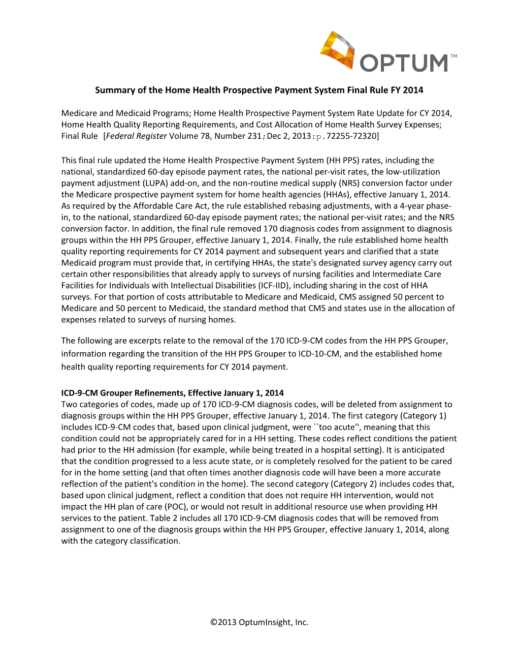 Summary of the Home Health Prospective Payment System Final Rule FY 2014