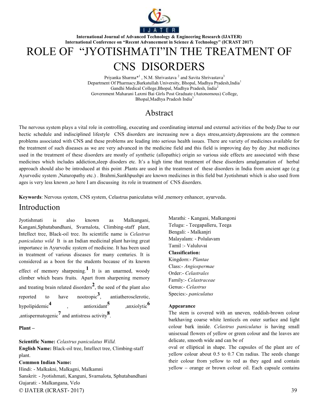 ROLE of “JYOTISHMATI”IN the TREATMENT of CNS DISORDERS Priyanka Sharma*1 , N.M