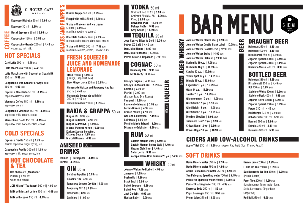 BAR MENU in English