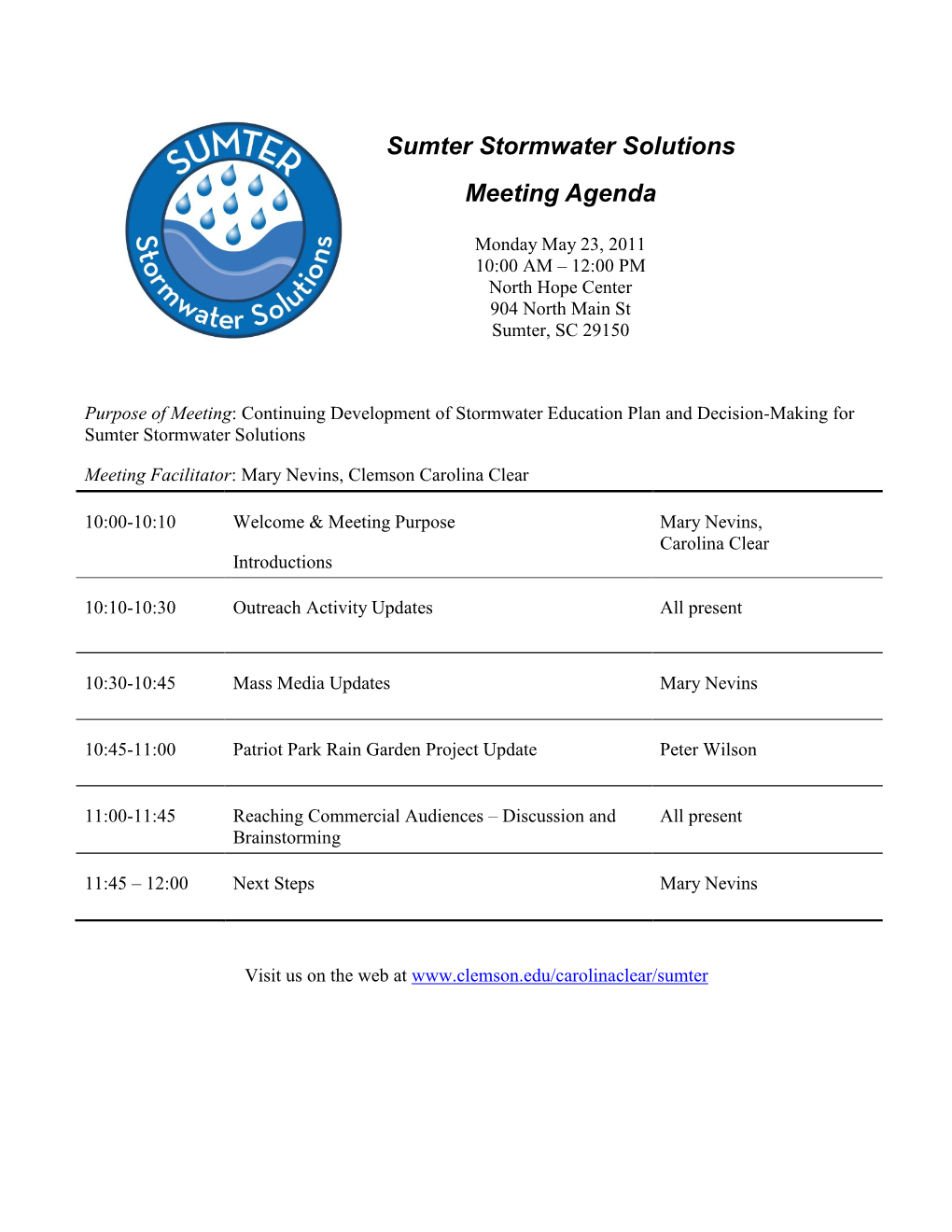 Sumter Stormwater Solutions Meeting Agenda