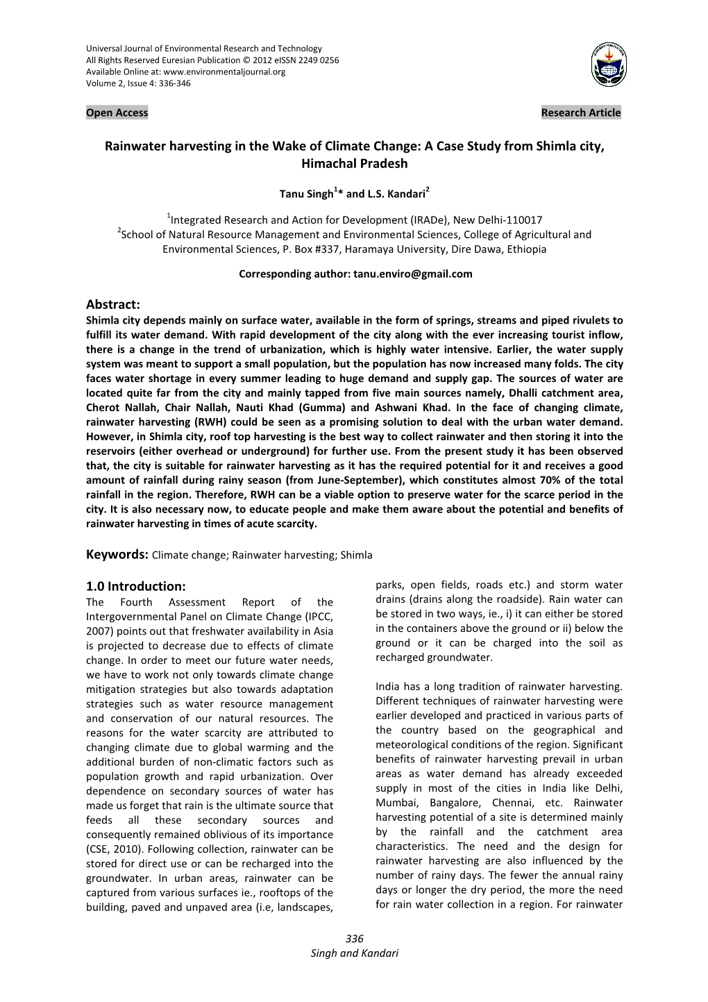 Rainwater Harvesting in the Wake of Climate Change: a Case Study from Shimla City, Himachal Pradesh