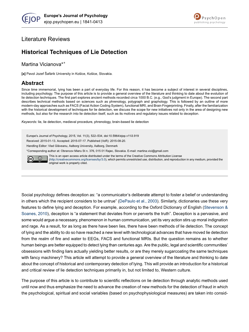 Historical Techniques of Lie Detection