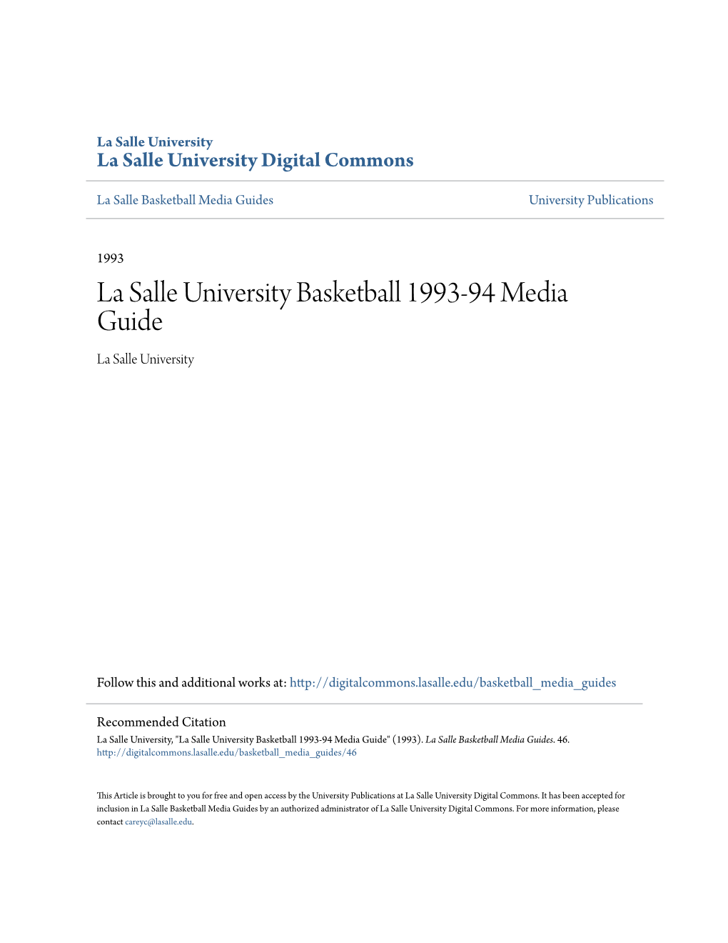 La Salle University Basketball 1993-94 Media Guide La Salle University