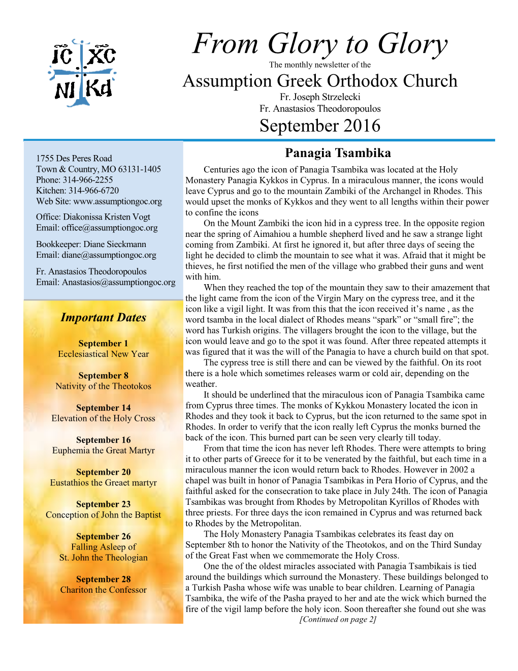 From Glory to Glory the Monthly Newsletter of the Assumption Greek Orthodox Church Fr