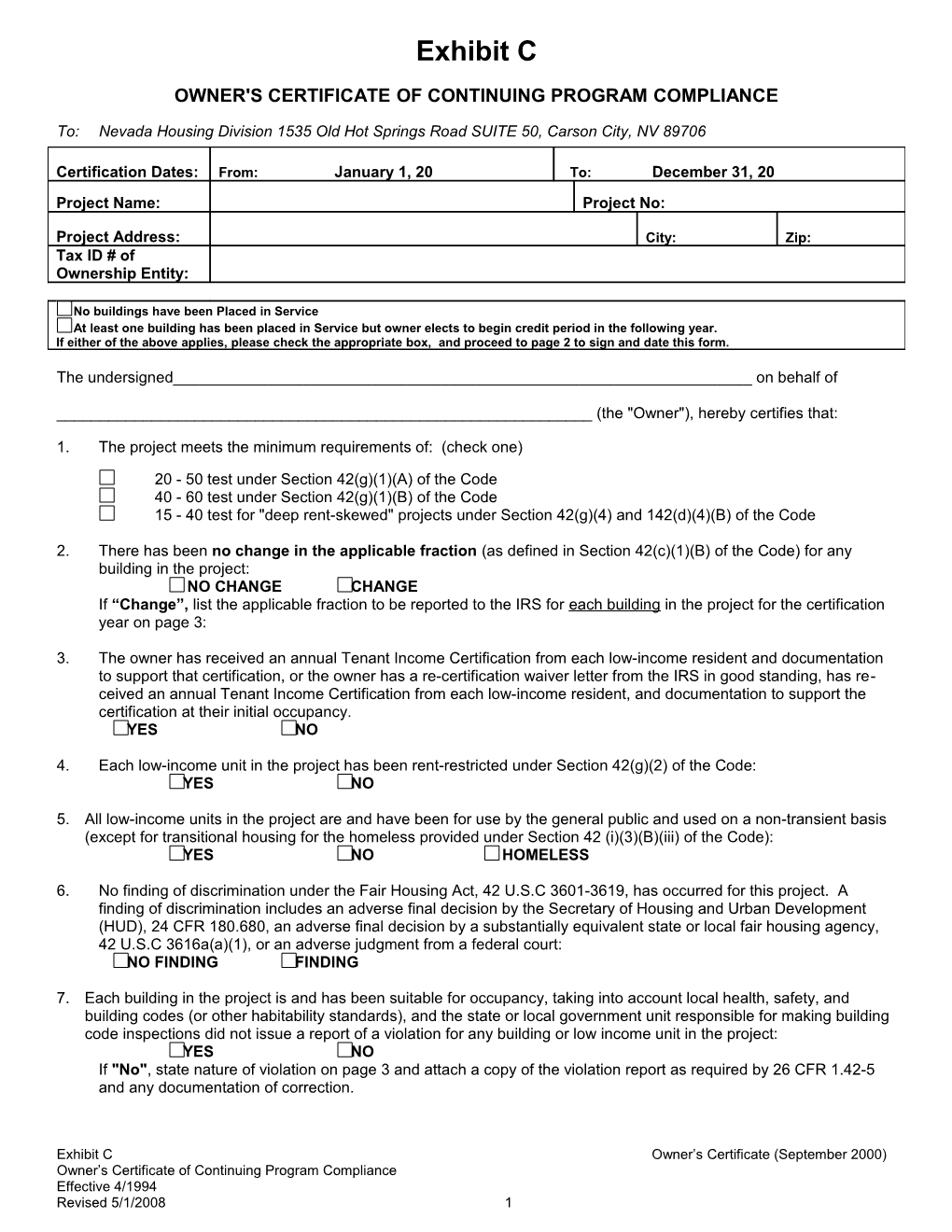 Owner's Certificate of Continuing Program Compliance