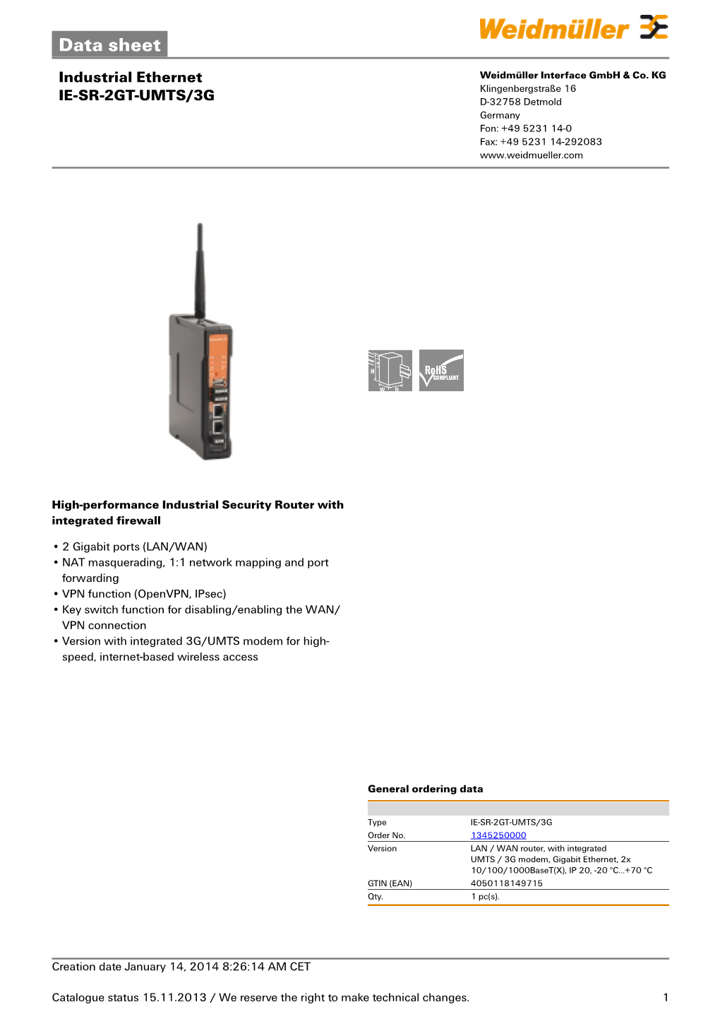 Data Sheet Industrial Ethernet Weidmüller Interface Gmbh & Co
