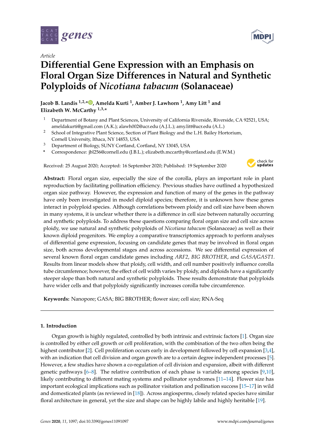 Differential Gene Expression with an Emphasis on Floral Organ Size Differences in Natural and Synthetic Polyploids of Nicotiana Tabacum (Solanaceae)