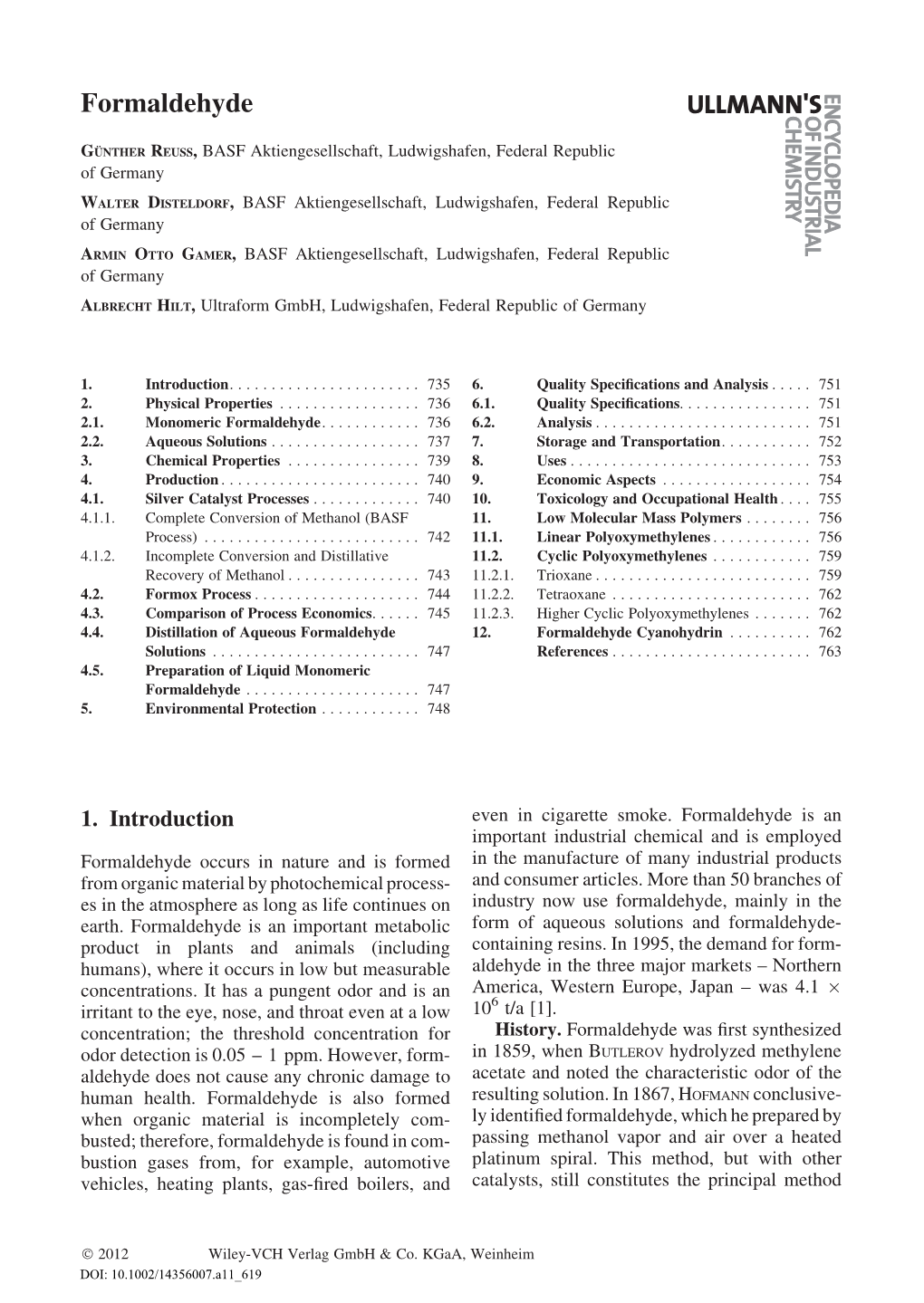 "Formaldehyde," In: Ullmann's Encyclopedia of Industrial Chemistry