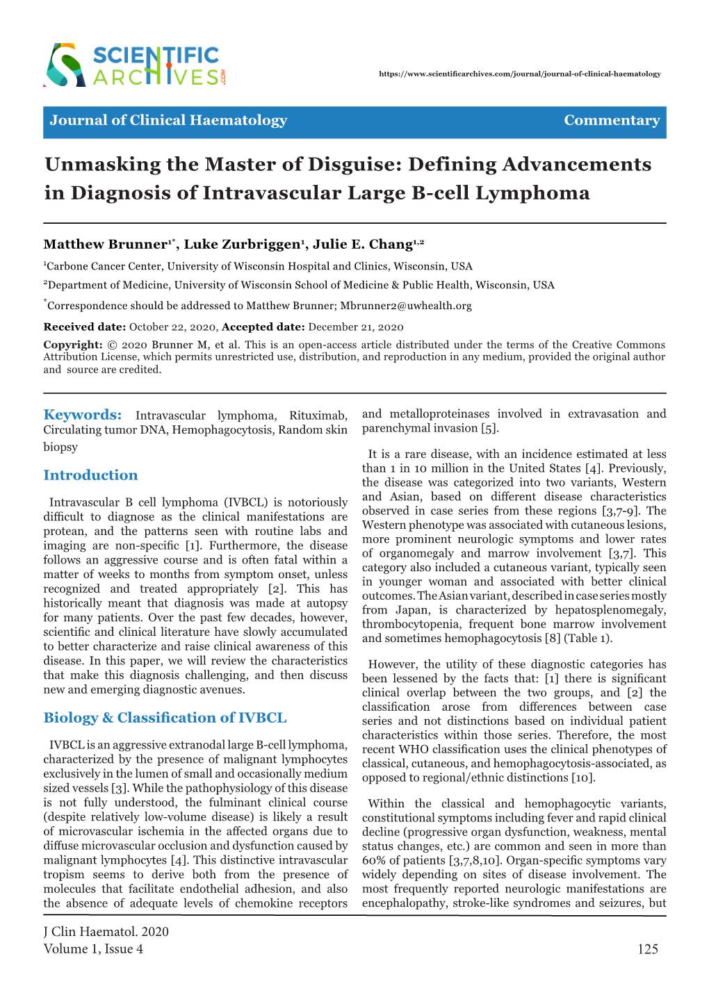 Defining Advancements in Diagnosis of Intravascular Large B-Cell Lymphoma