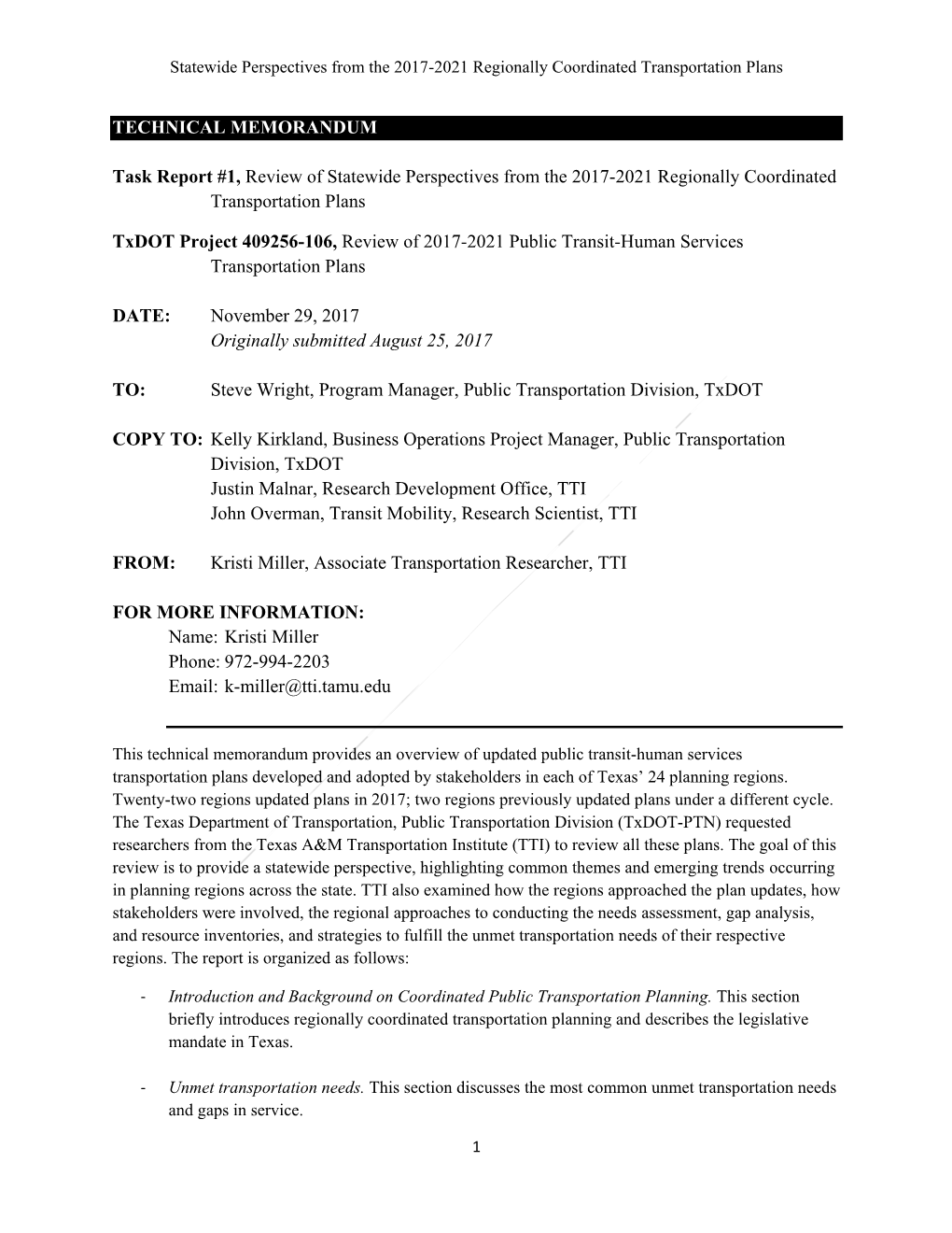 Statewide Perspectives from the 2017-2021 Regionally Coordinated Transportation Plans