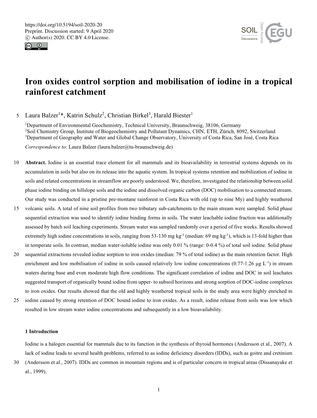 Iron Oxides Control Sorption and Mobilisation of Iodine in a Tropical Rainforest Catchment