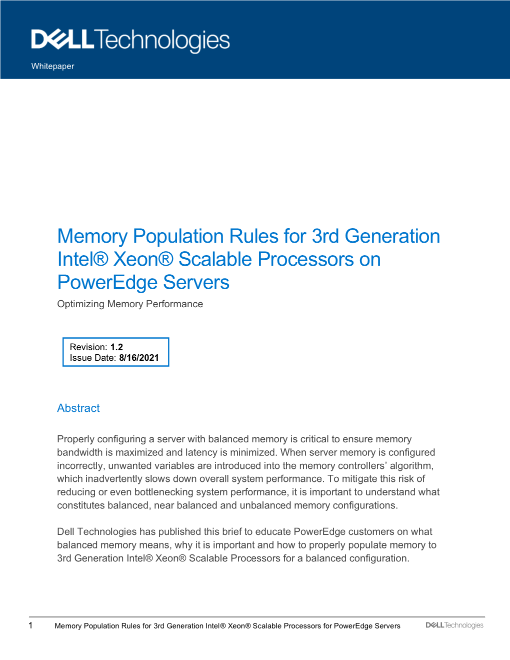 Memory Population Rules for 3Rd Generation Intel® Xeon® Scalable Processors on Poweredge Servers Optimizing Memory Performance