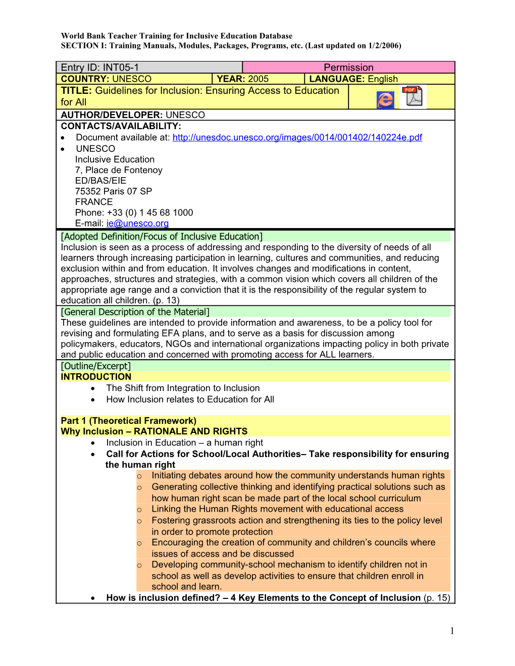 World Bank Teacher Training for Inclusive Education Database