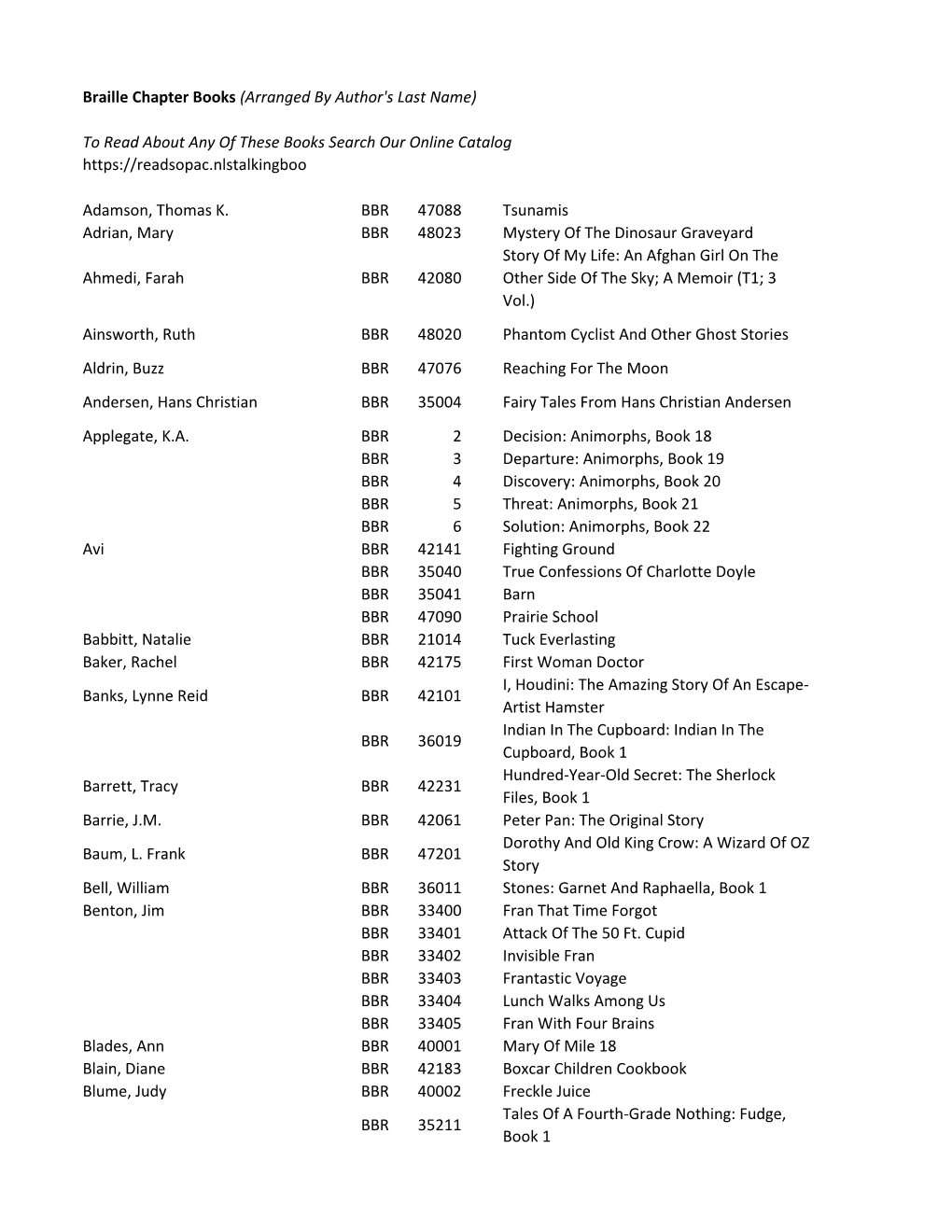 BBR Nebraska Braille Chapter Books