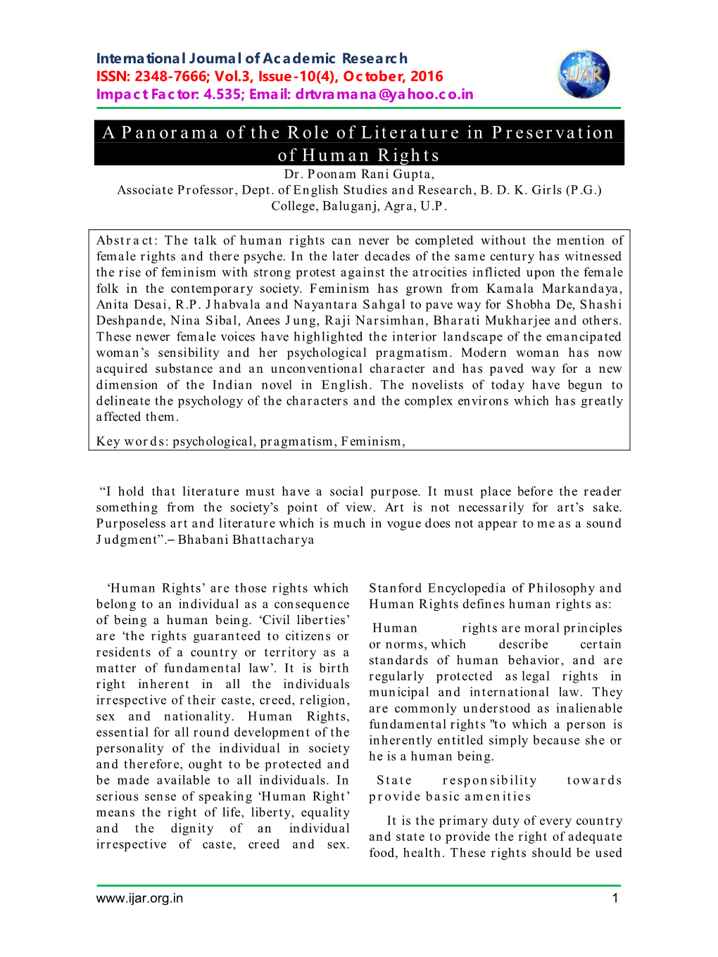 A Panorama of the Role of Literature in Preservation of Human Rights Dr