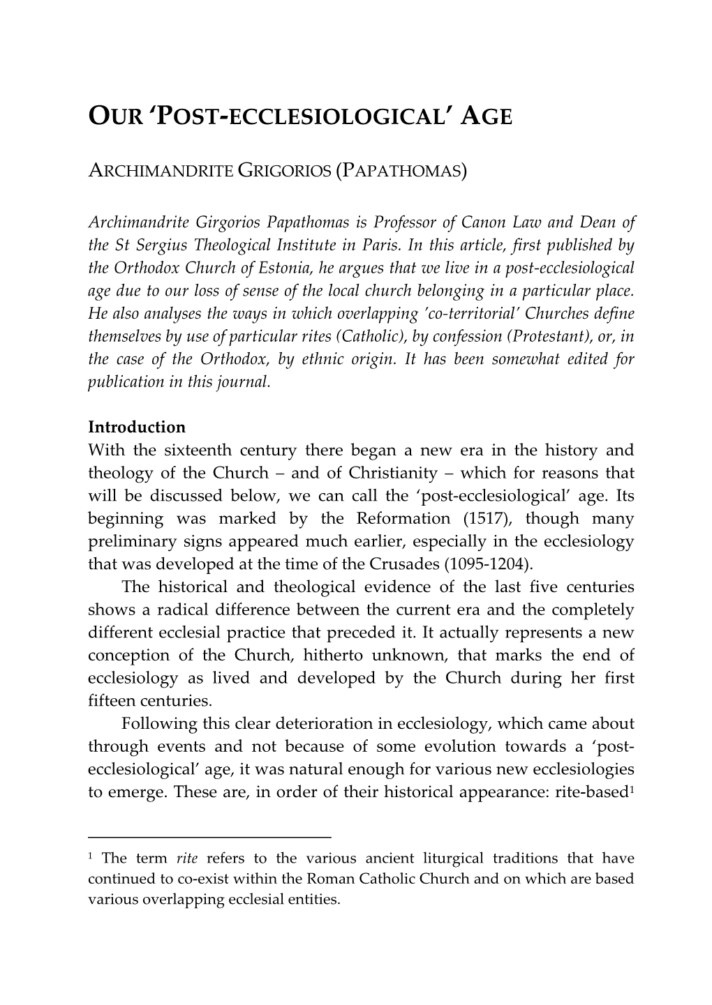 Our 'Post-Ecclesiological'