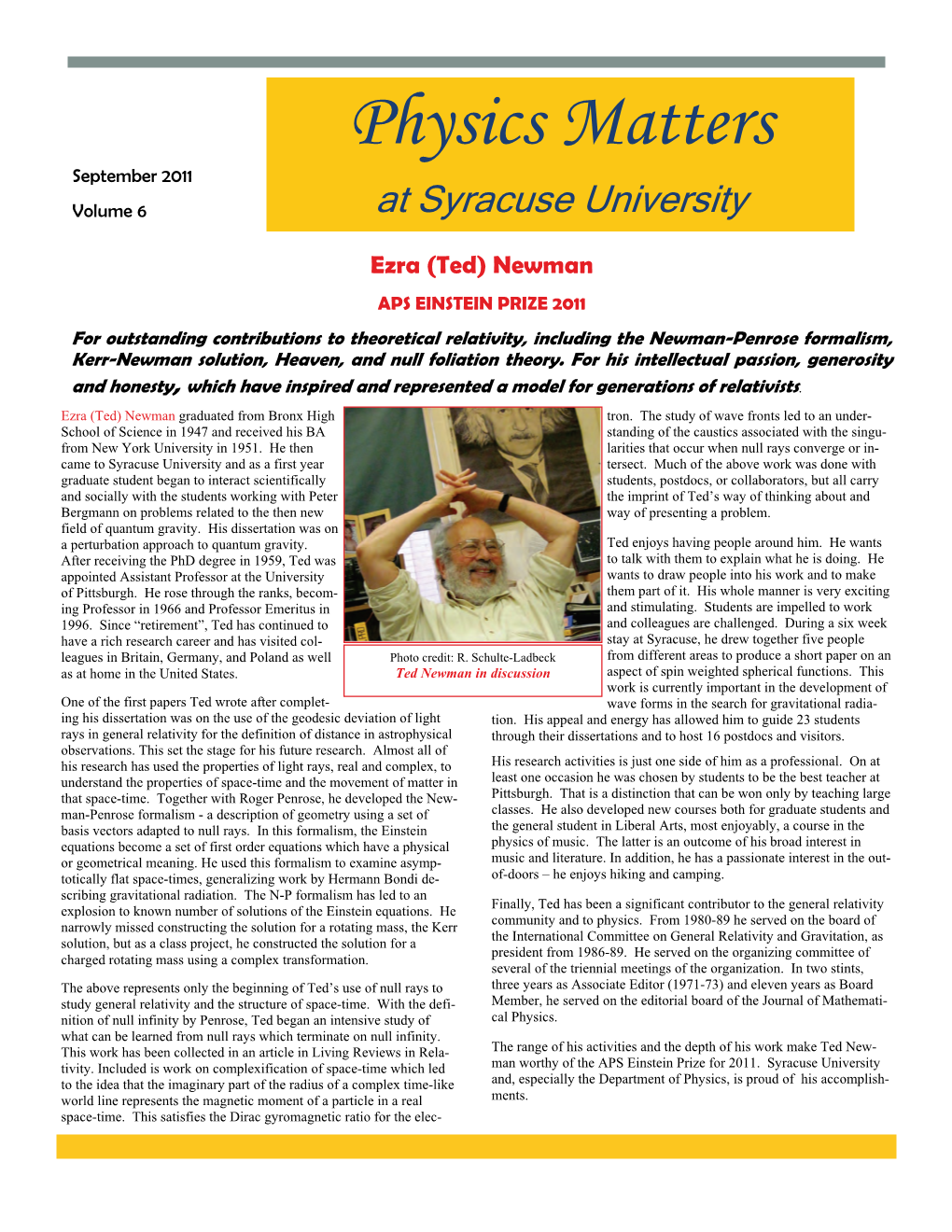 Physics Matters September 2011 Volume 6 at Syracuse University