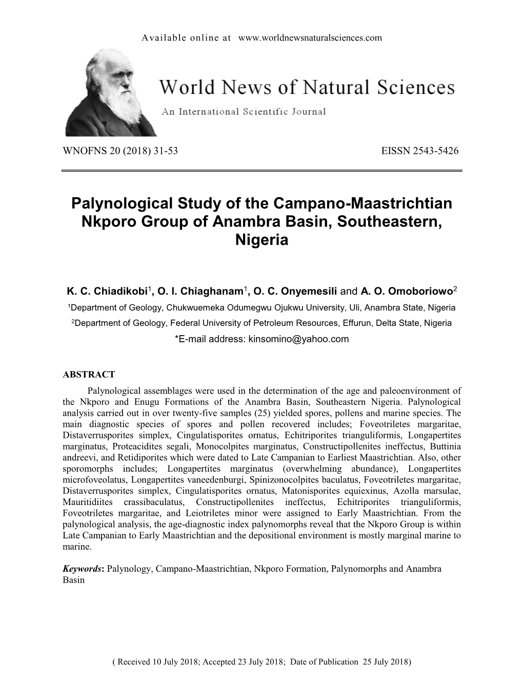 Palynological Study of the Campano-Maastrichtian Nkporo Group of Anambra Basin, Southeastern, Nigeria
