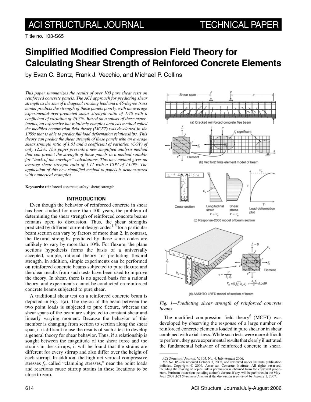 ACI STRUCTURAL JOURNAL TECHNICAL PAPER Simplified Modified Compression Field Theory for Calculating Shear Strength of Reinforced