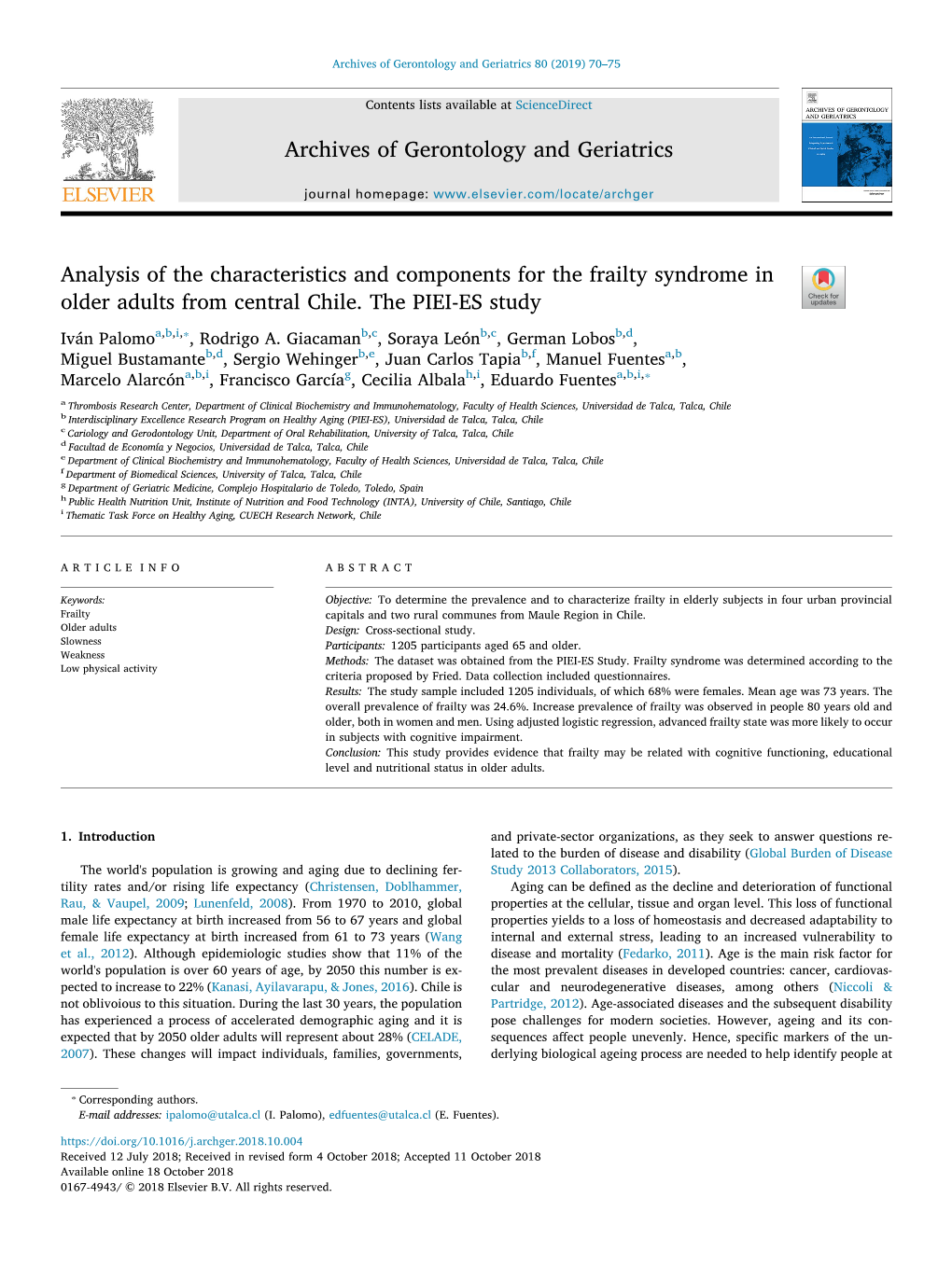 Analysis of the Characteristics and Components for the Frailty Syndrome in T Older Adults from Central Chile