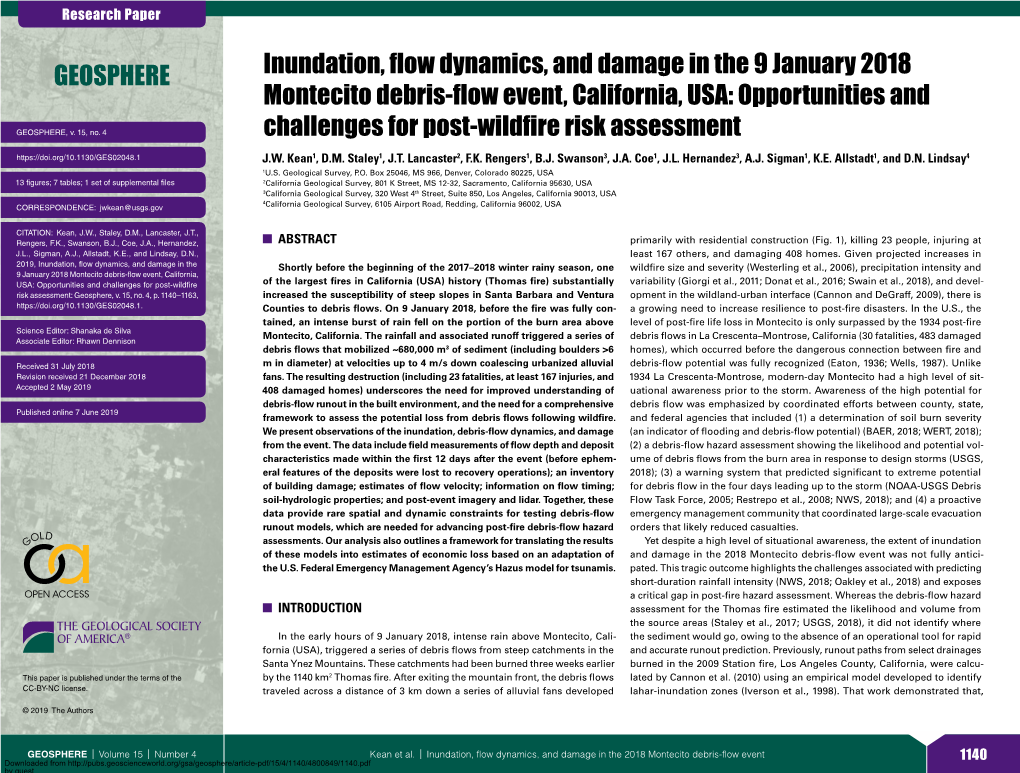 Inundation, Flow Dynamics, and Damage in the 9 January 2018 Montecito Debris-Flow Event, California, USA: Opportunities And