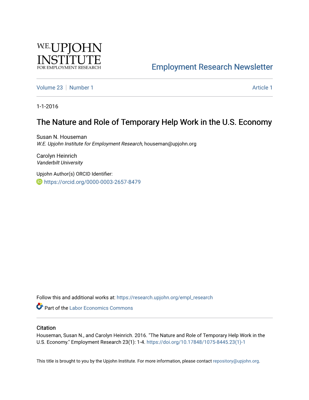 The Nature and Role of Temporary Help Work in the U.S. Economy