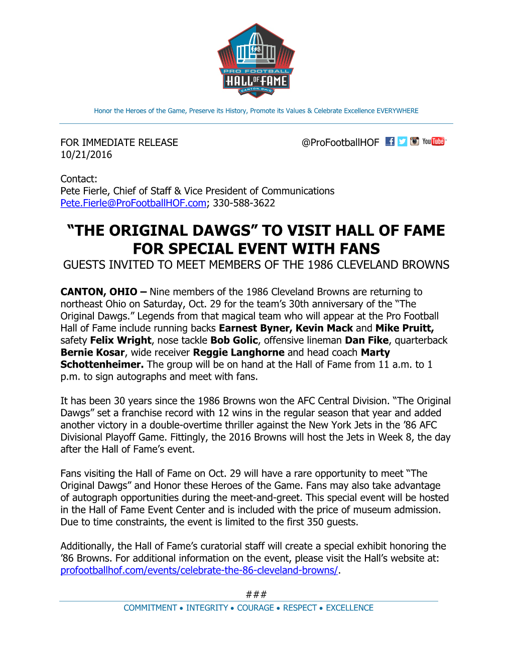 The Original Dawgs” to Visit Hall of Fame for Special Event with Fans Guests Invited to Meet Members of the 1986 Cleveland Browns