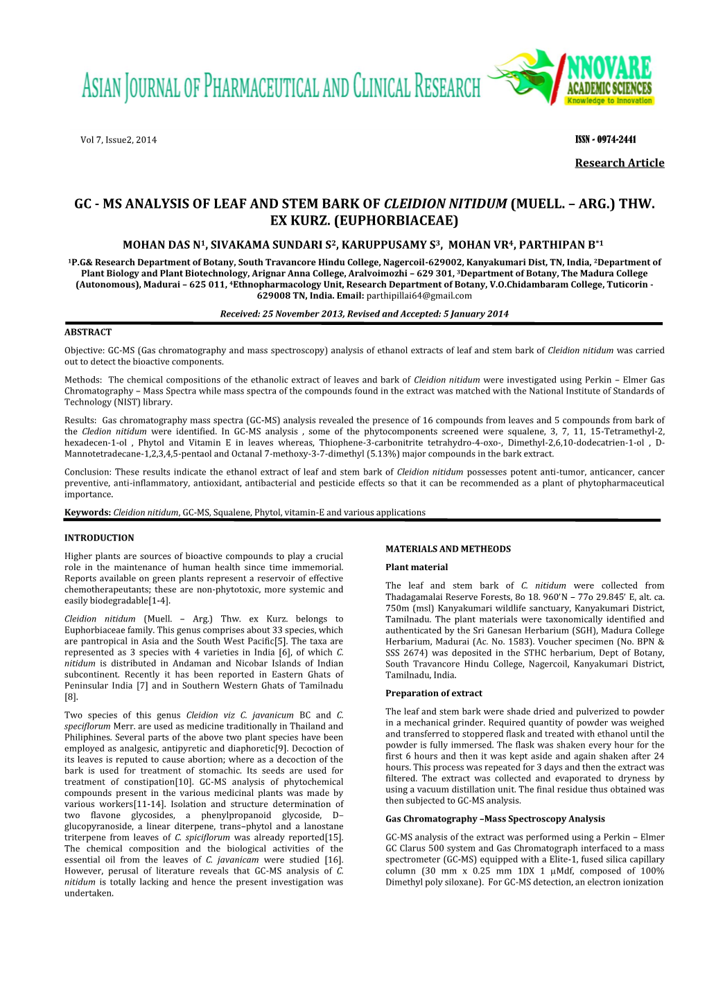 Gc - Ms Analysis of Leaf and Stem Bark of Cleidion Nitidum (Muell