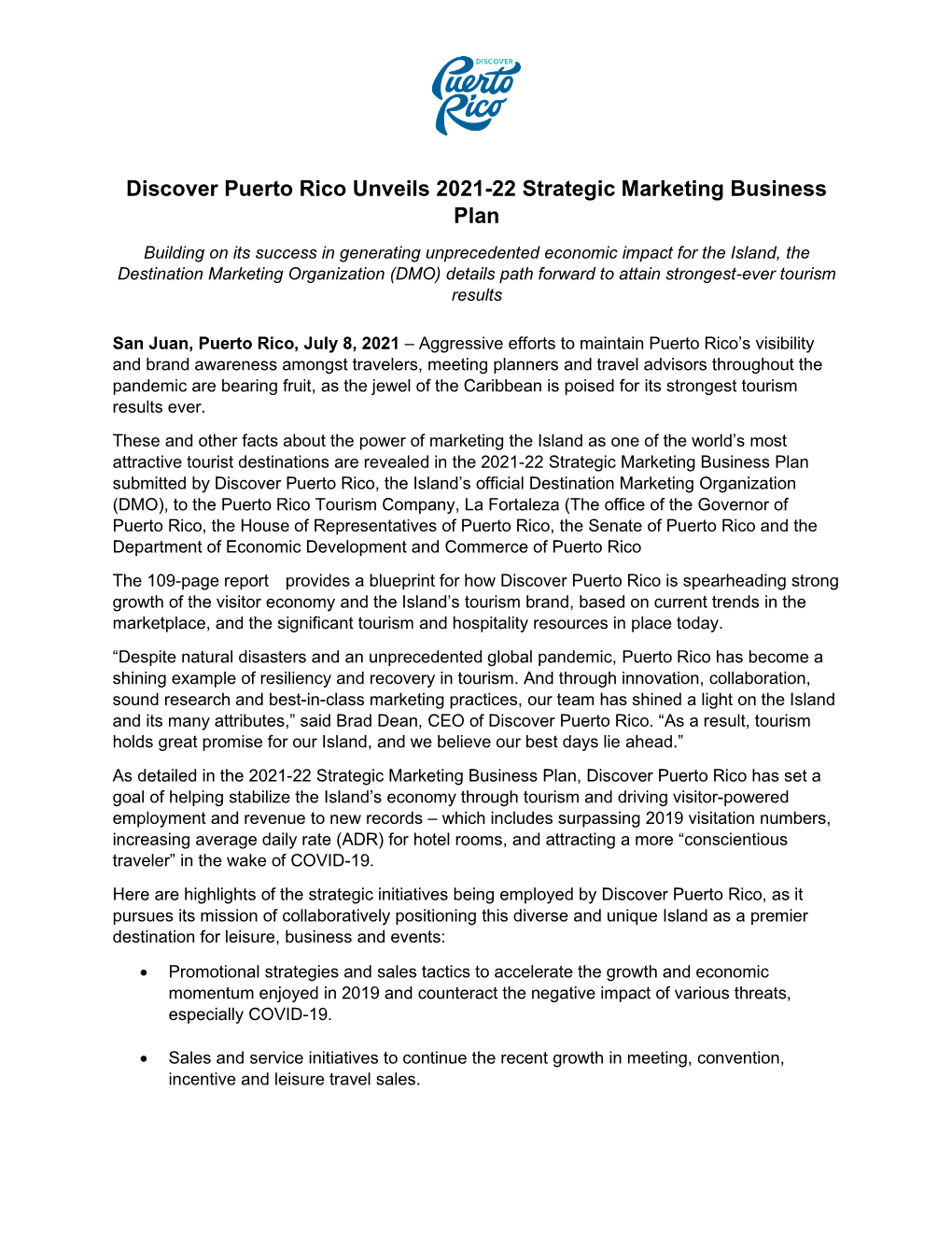 Discover Puerto Rico Unveils 2021-22 Strategic Marketing Business Plan