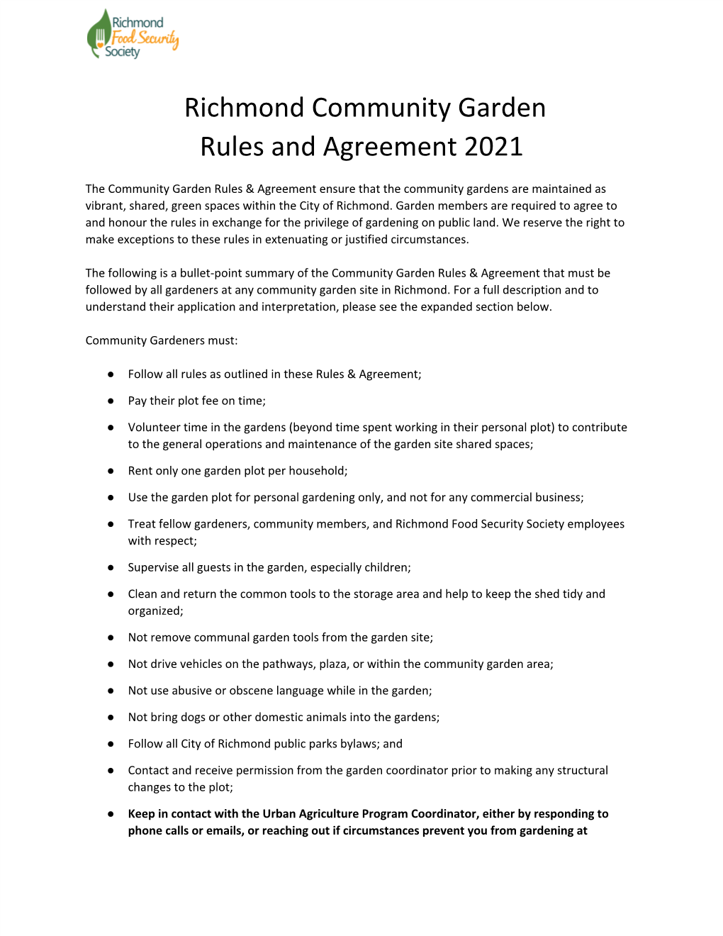 ​Richmond Community Garden Rules and Agreement 2021