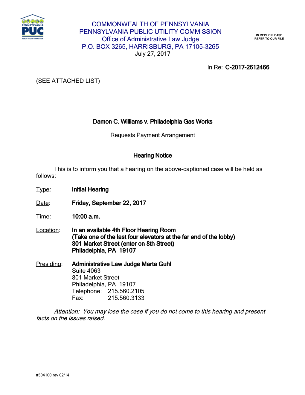 Philadelphia Hearing Notice