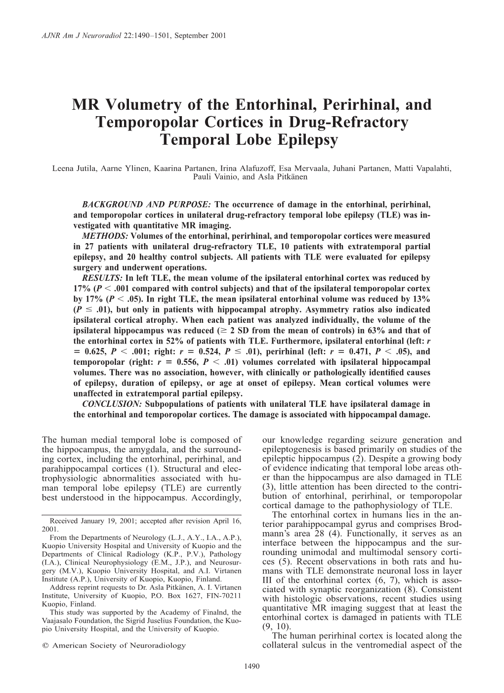 MR Volumetry of the Entorhinal, Perirhinal, and Temporopolar Cortices in Drug-Refractory Temporal Lobe Epilepsy