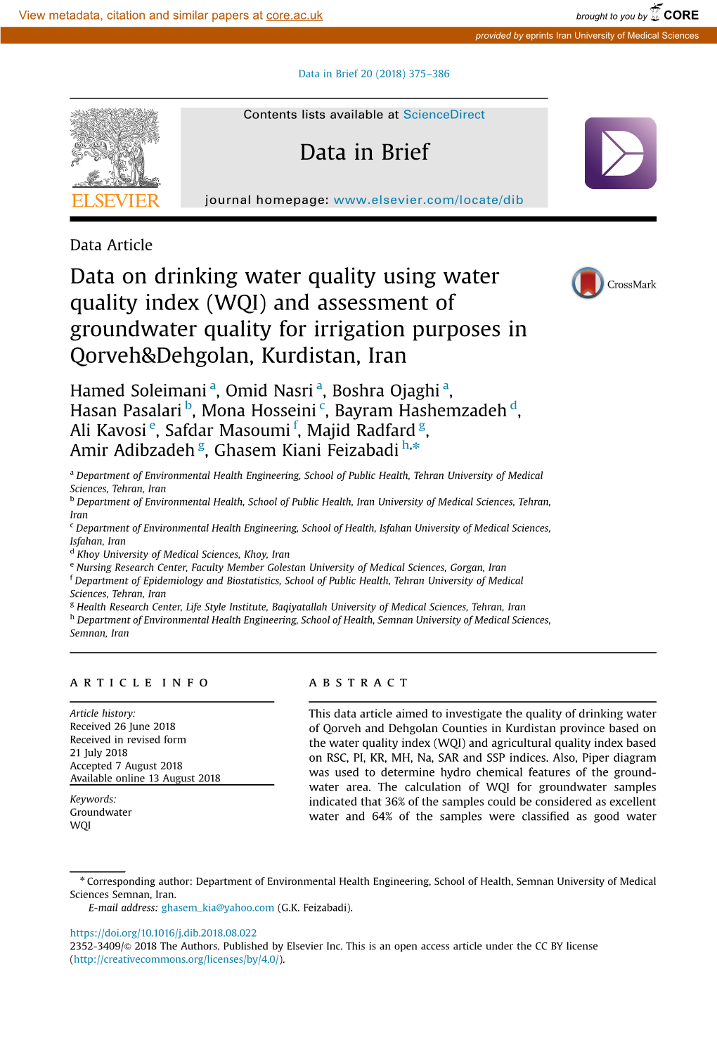 WQI) and Assessment of Groundwater Quality for Irrigation Purposes in Qorveh&Dehgolan, Kurdistan, Iran