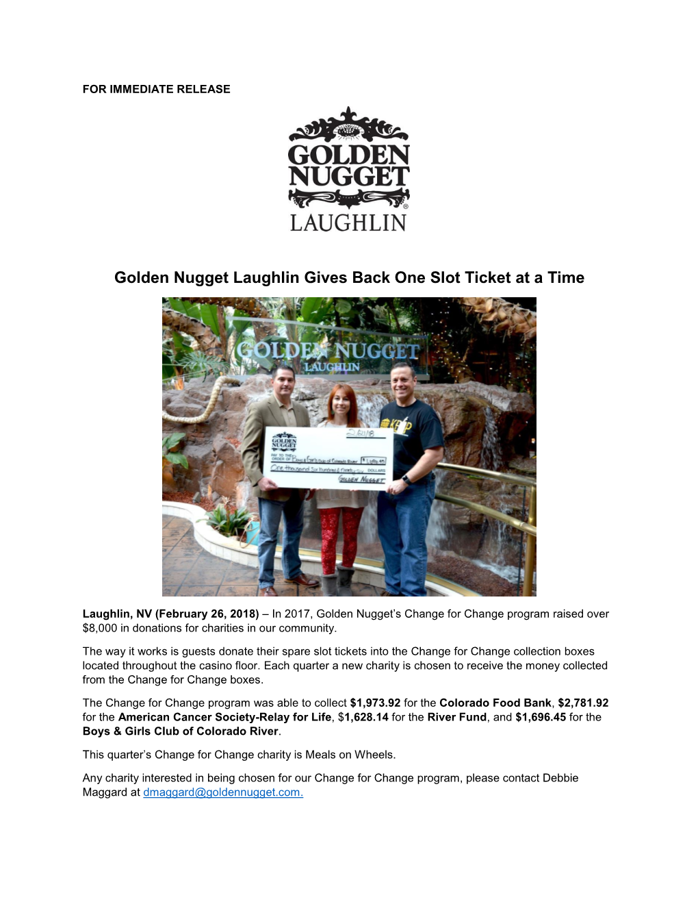 Golden Nugget Laughlin Gives Back One Slot Ticket at a Time PDF Download