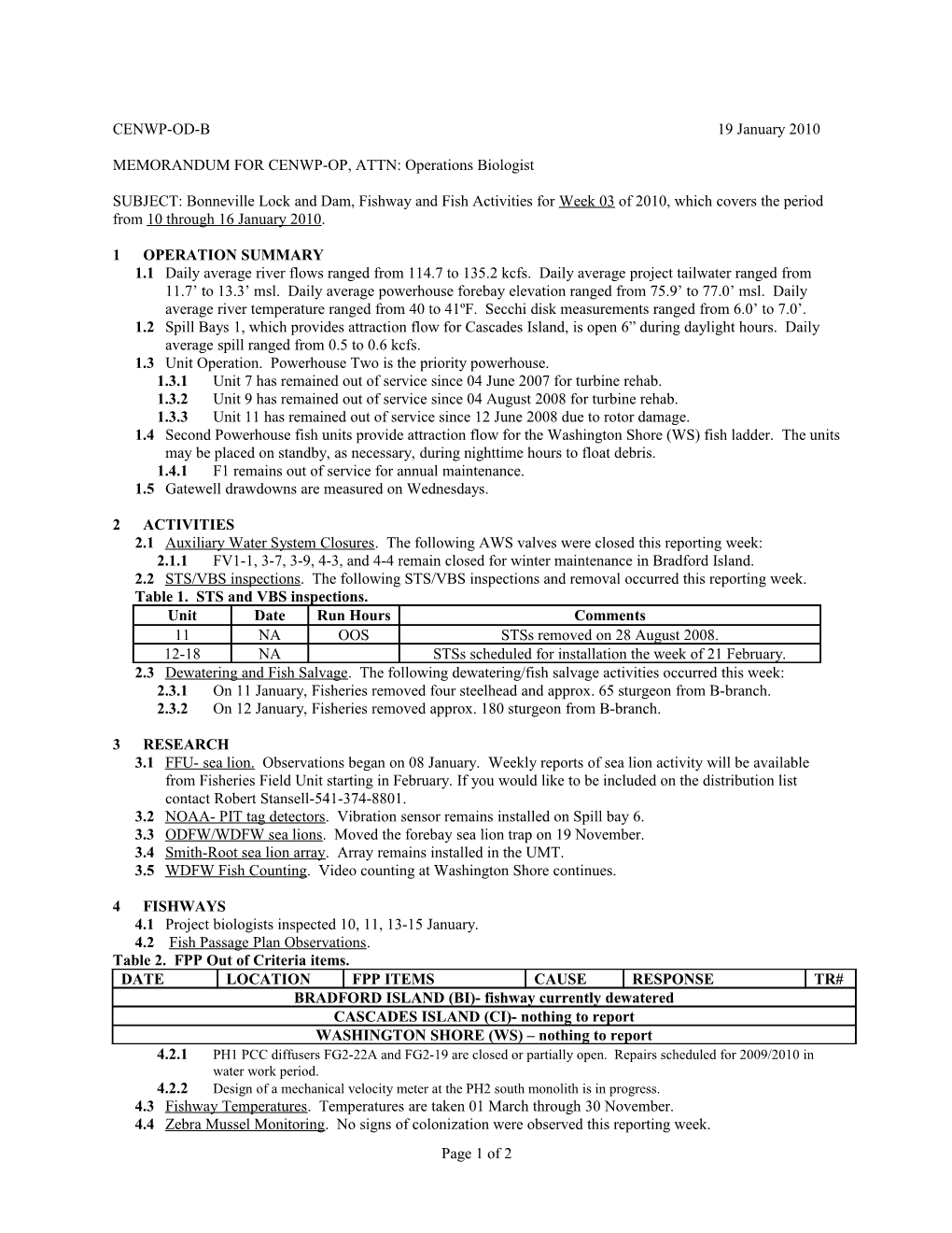 MEMORANDUM for CENWP-OP, ATTN: Operations Biologist s1