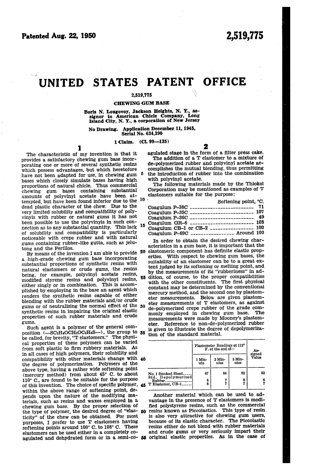 UNITED STATES PATENT Offlce 2,519,775 ‘Y CHEWING GUM BASE Boris N