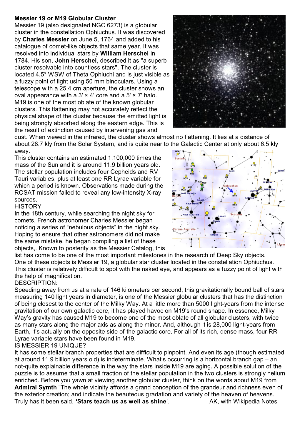 Messier 19 Or M19 Globular Cluster Messier 19 (Also Designated NGC 6273) Is a Globular Cluster in the Constellation Ophiuchus