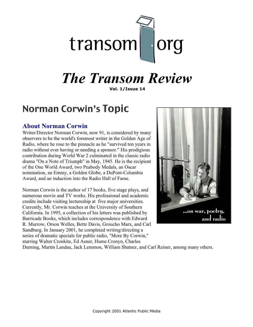 Transom Review: Norman Corwin on War, Poetry, and Radio