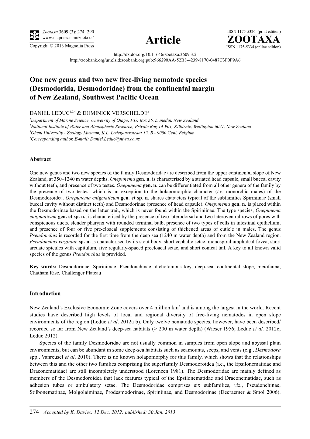 One New Genus and Two New Free-Living Nematode Species (Desmodorida, Desmodoridae) from the Continental Margin of New Zealand, Southwest Pacific Ocean