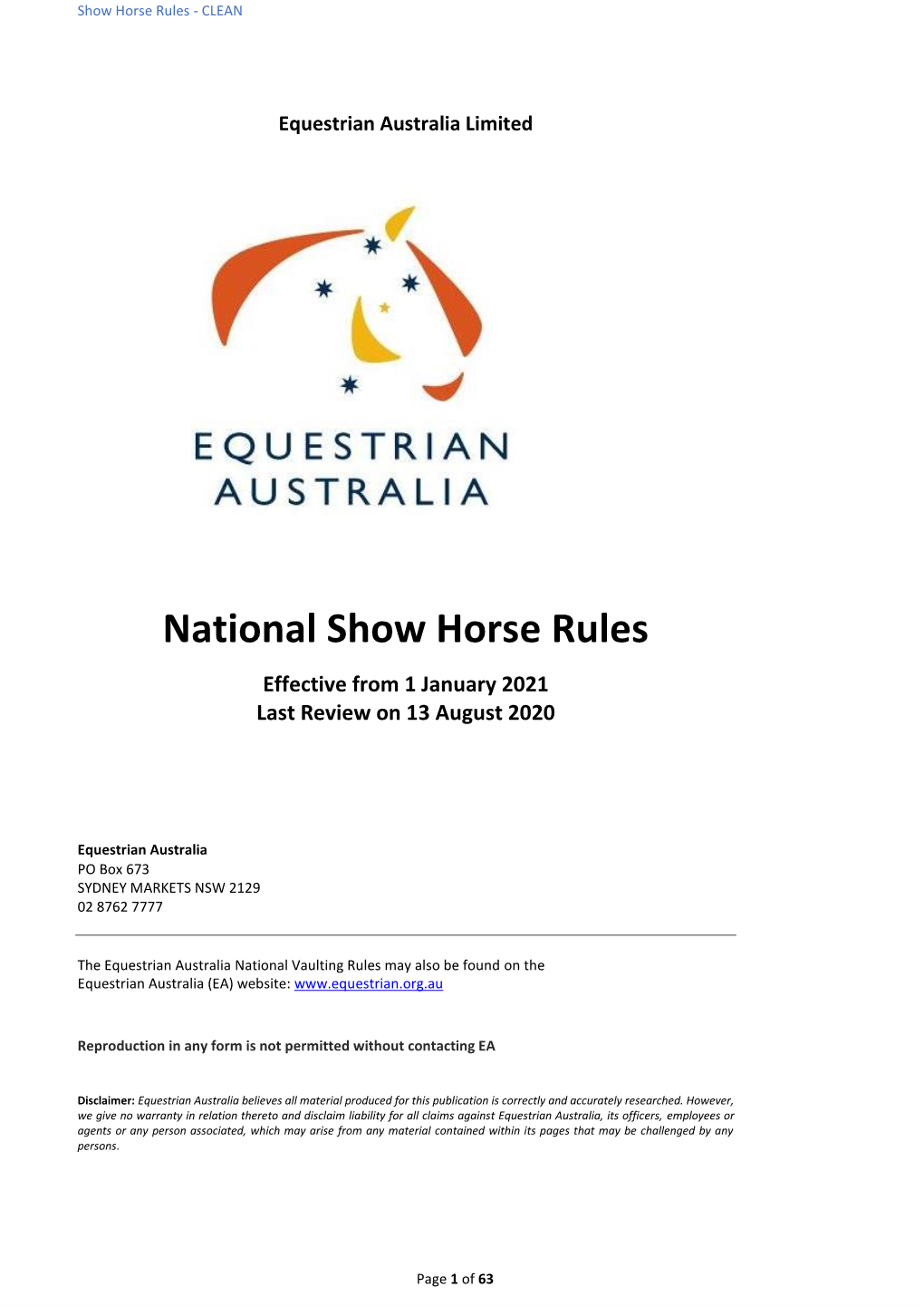 EA National Show Horse Rules B) It Is the Responsibility of the OC to Provide a Gear Steward