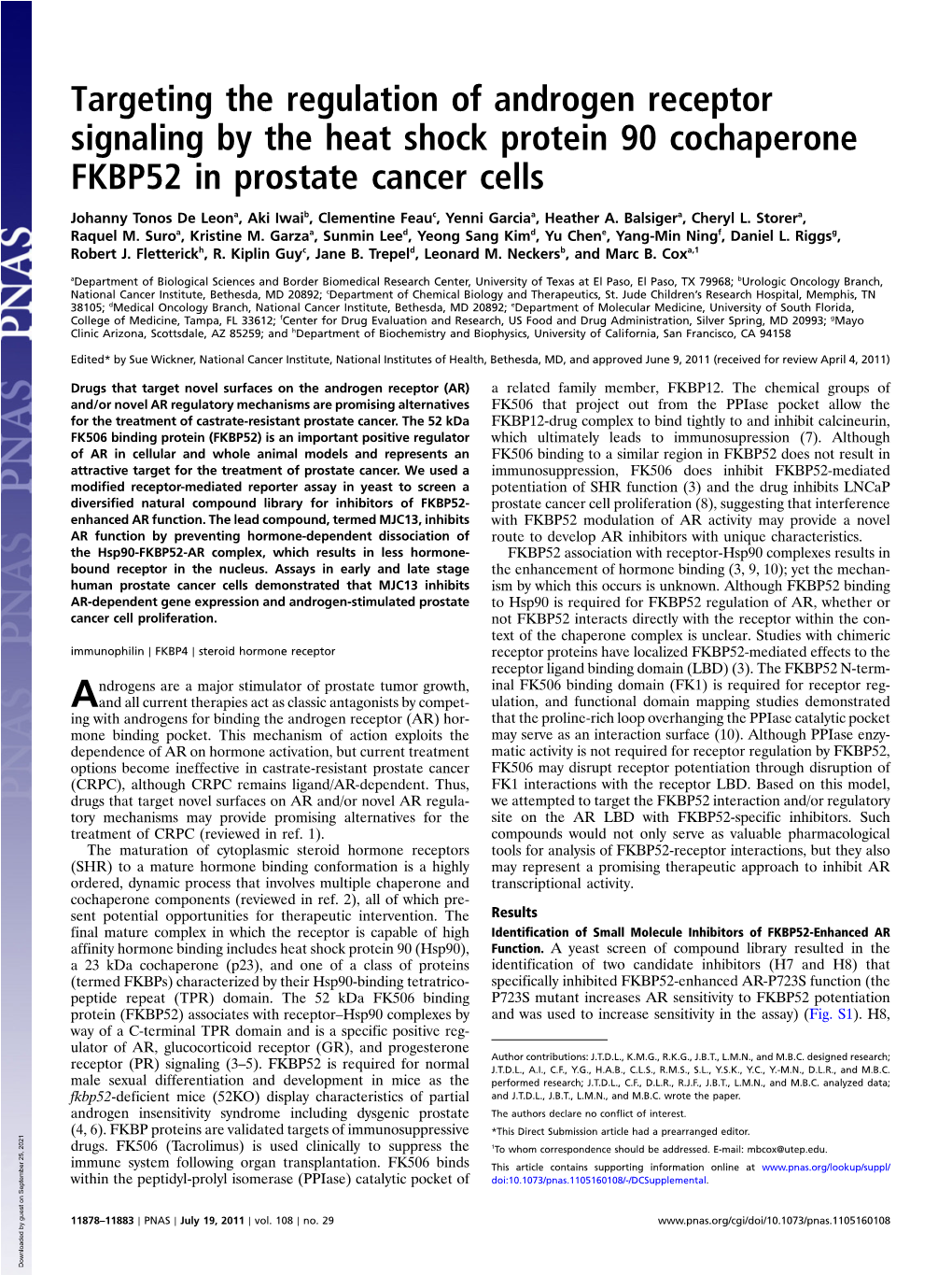 Targeting the Regulation of Androgen Receptor Signaling by the Heat Shock Protein 90 Cochaperone FKBP52 in Prostate Cancer Cells