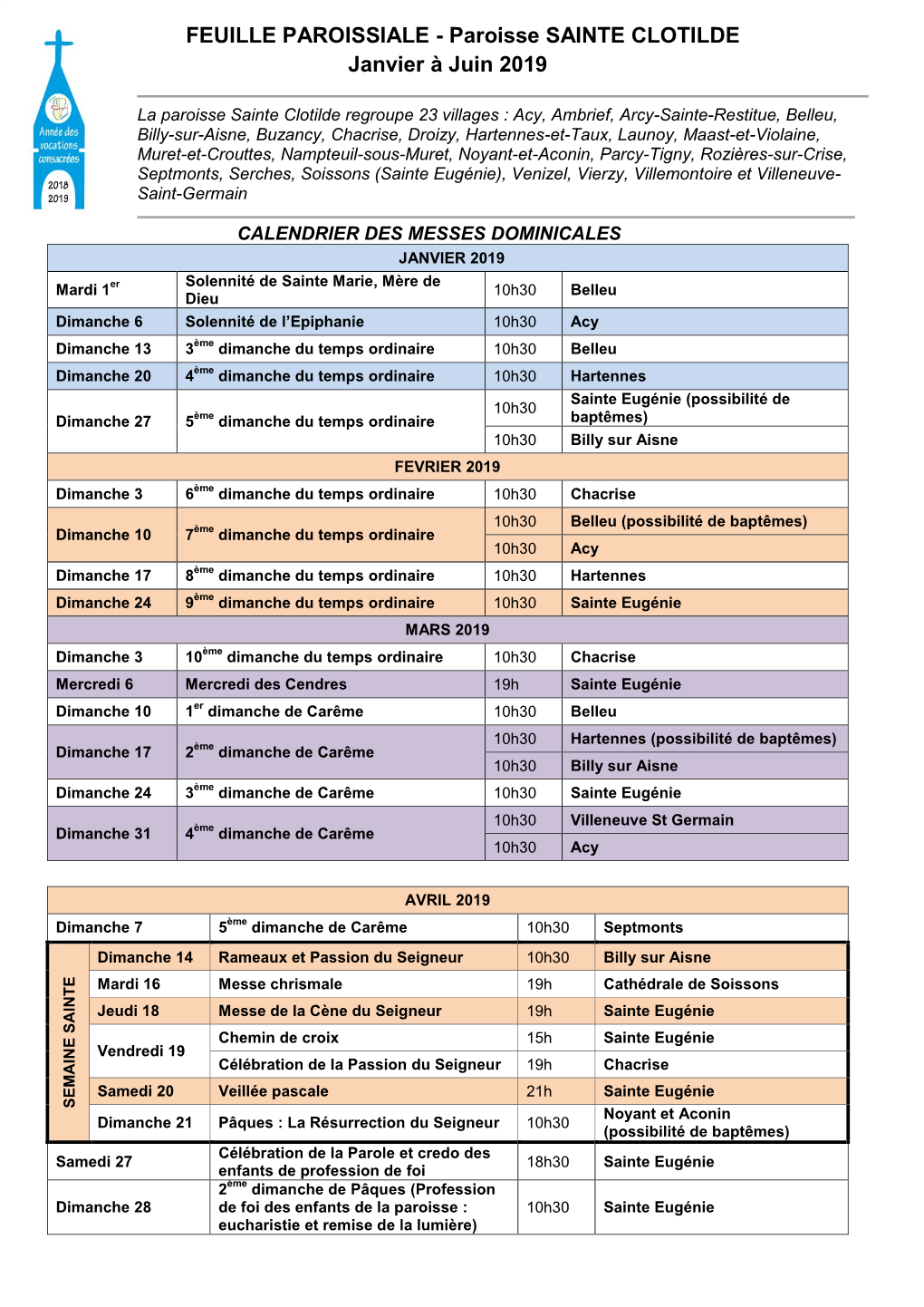 FEUILLE PAROISSIALE - Paroisse SAINTE CLOTILDE Janvier À Juin 2019