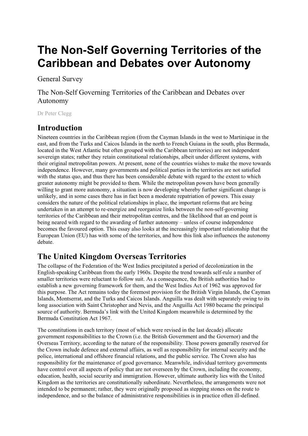 The Caribbean Overseas Territories and the Limits of Autonomy