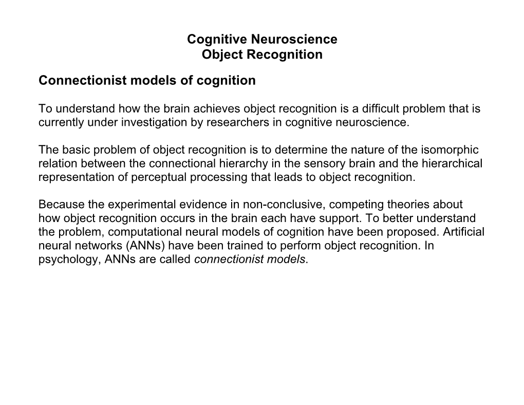 Cognitive Neuroscience Object Recognition Connectionist Models