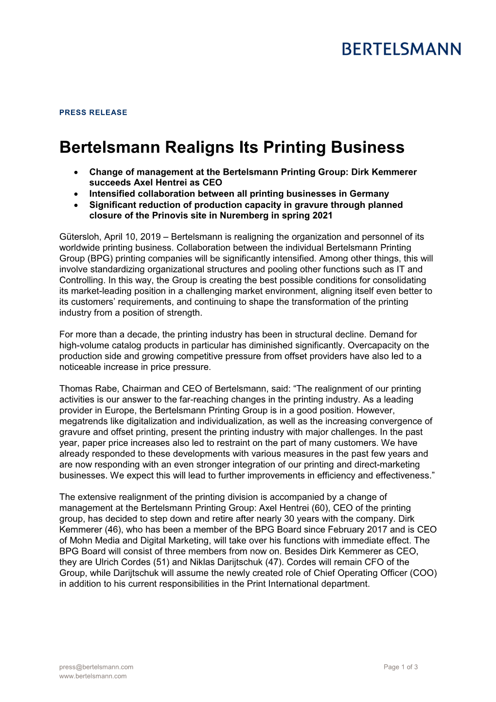 Bertelsmann Realigns Its Printing Business