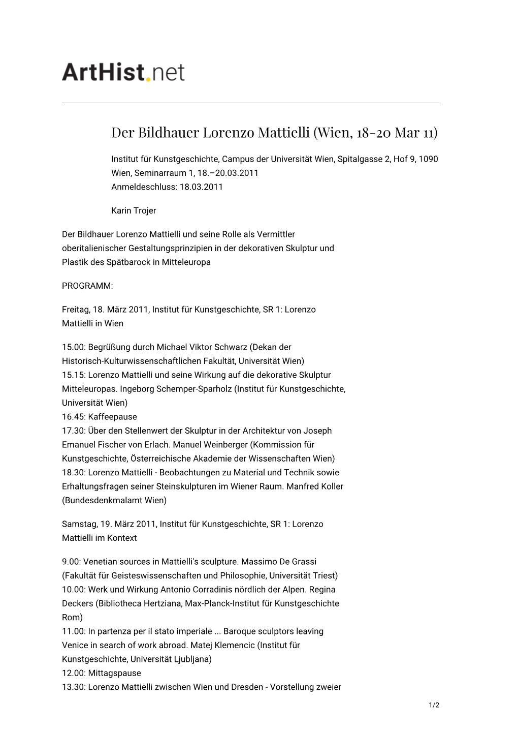 Der Bildhauer Lorenzo Mattielli (Wien, 18-20 Mar 11)