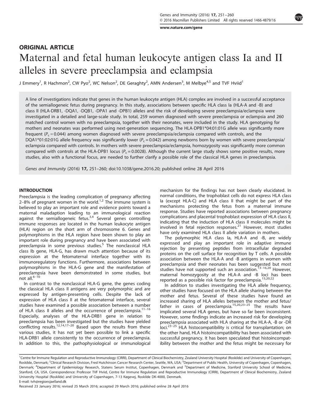 Maternal and Fetal Human Leukocyte Antigen Class Ia and II Alleles in Severe Preeclampsia and Eclampsia