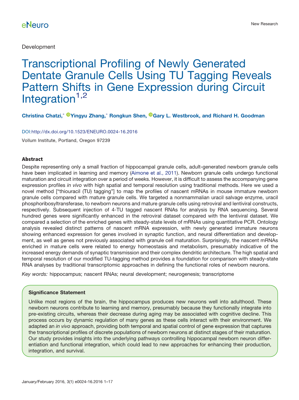 Transcriptional Profiling of Newly Generated Dentate Granule Cells Using TU Tagging Reveals Pattern Shifts in Gene Expression During Circuit Integration1,2