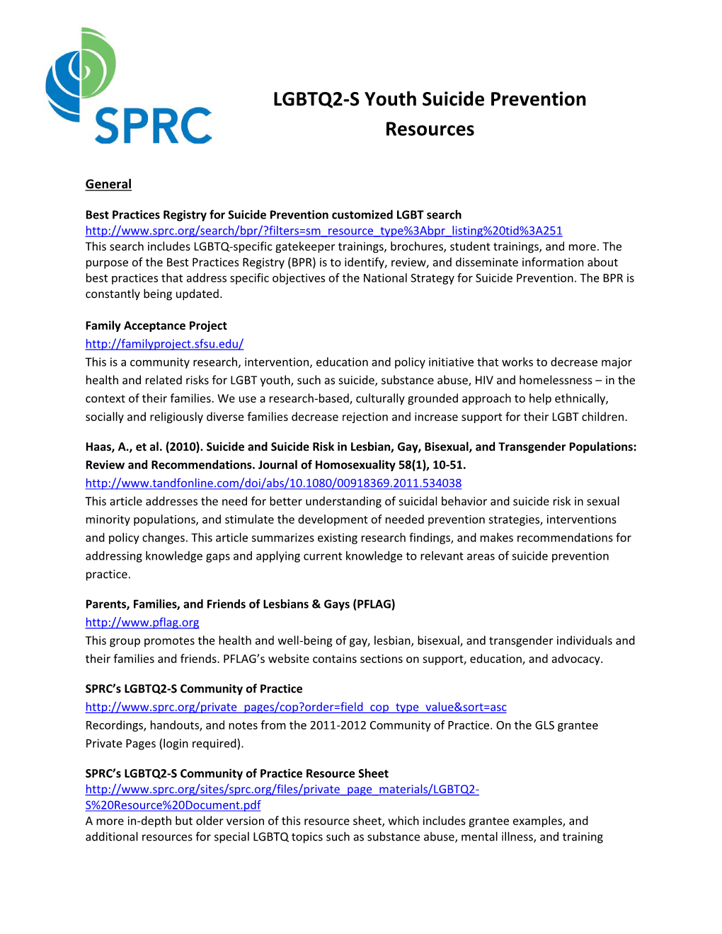 SPRC LGBTQ2-S Youth Suicide Prevention Resources